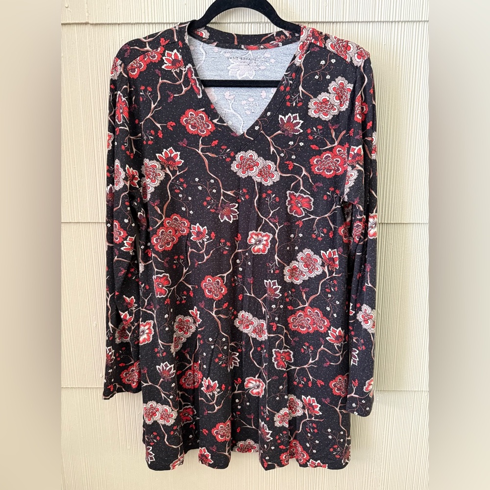Lane Bryant Black and Red Floral V-Neck Blouse